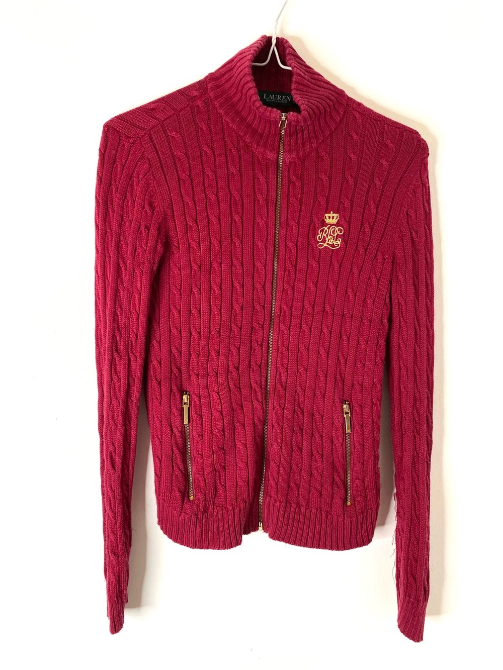 Lauren Ralph Lauren Red Cable Knit Full Zip Sweater Jacket Gold LRL Crest